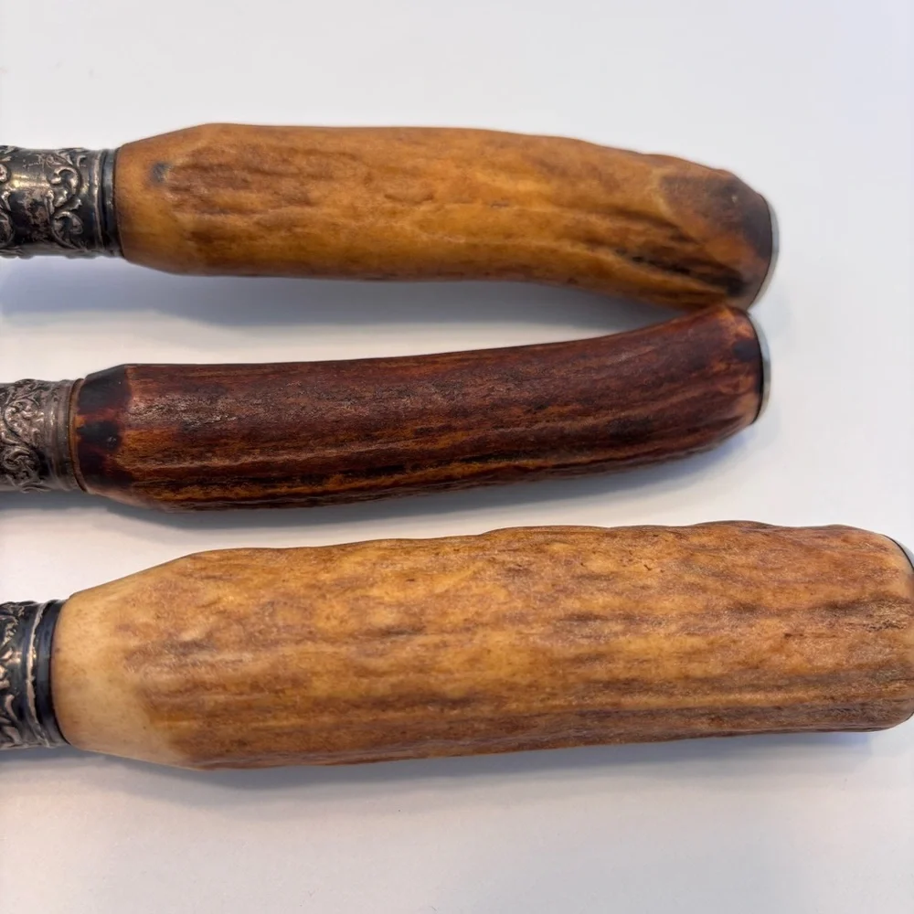 Antique Vintage Antler Handle Handle Carving Set w/ Silver Plated Ferrules Rare - Picture 11 of 14